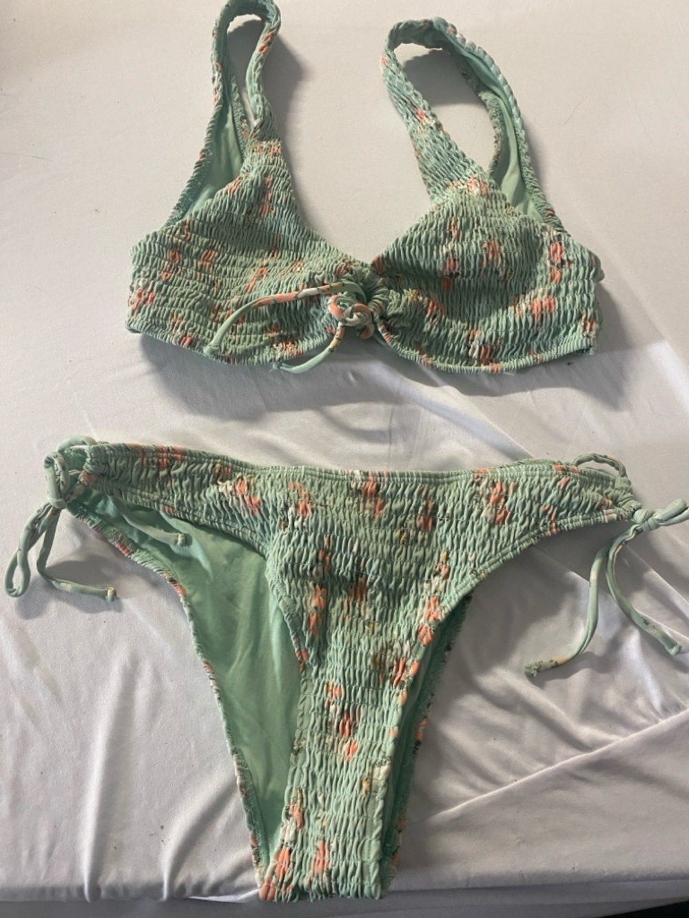 Topshop Mint Green Smocked floral Bikini set  side ties size 8